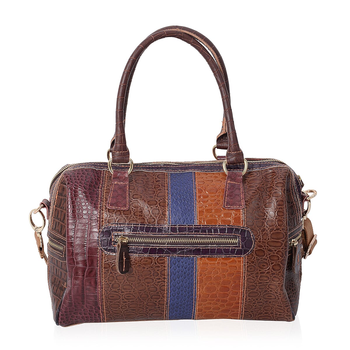 Multi Color Block Pattern Genuine Leather Tote Bag with Shoulder Strap image number 4