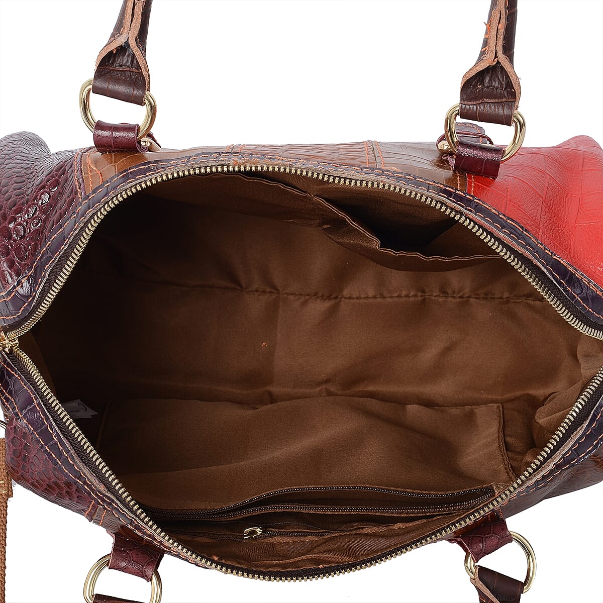 Multi Color Block Pattern Genuine Leather Tote Bag with Shoulder Strap image number 5