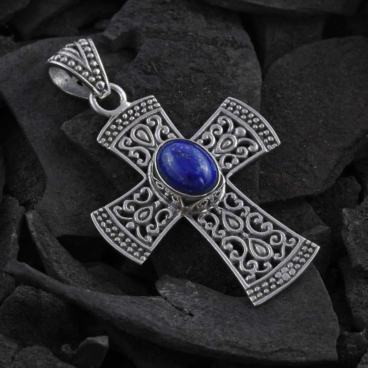 Bali Legacy Lapis Lazuli Cross Pendant in Sterling Silver 2.34 ctw image number 1