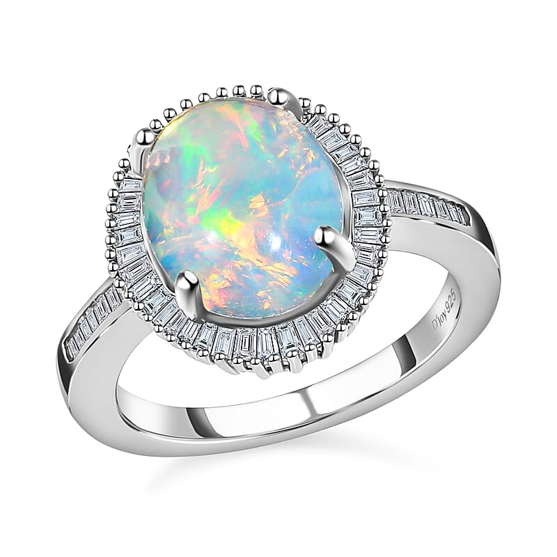 Ethiopian Welo Opal, Diamond Ring in Platinum Over Sterling Silver, Diamond Halo Engagement Ring For Women 2.65 ctw (Size 10.0)