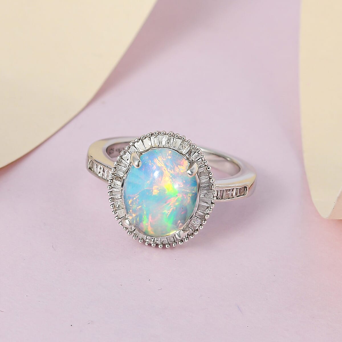 2.48 ctw Ethiopian Welo Opal and Diamond Halo Ring in Platinum Over Sterling Silver image number 1
