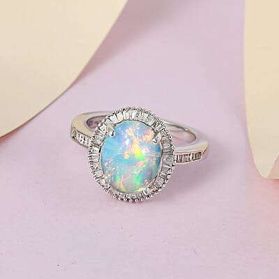 Ethiopian Welo Opal, Diamond Ring in Platinum Over Sterling Silver, Diamond Halo Engagement Ring For Women 2.65 ctw (Size 10.0)
