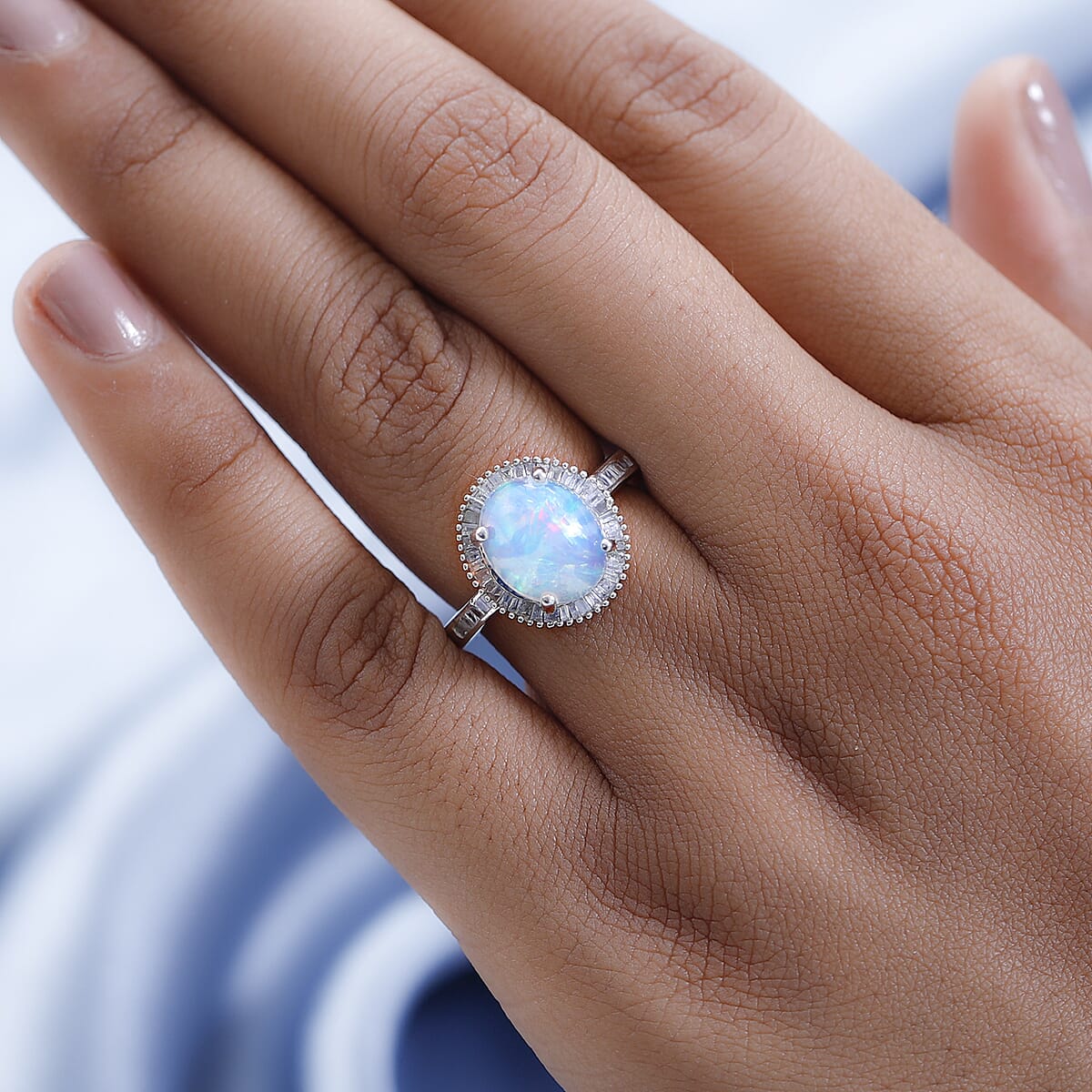2.48 ctw Ethiopian Welo Opal and Diamond Halo Ring in Platinum Over Sterling Silver image number 2