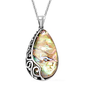 Abalone Shell Necklace in Stainless Steel, Solitaire Pendant, Beach Fashion Jewelry For Women (20 Inches)
