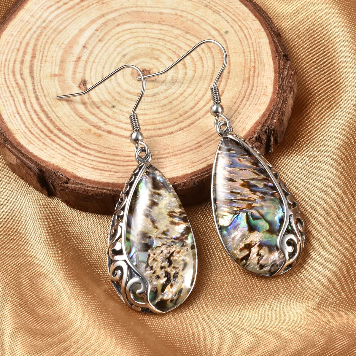 Abalone Shell Earrings in Black Oxidized Stainless Steel image number 1