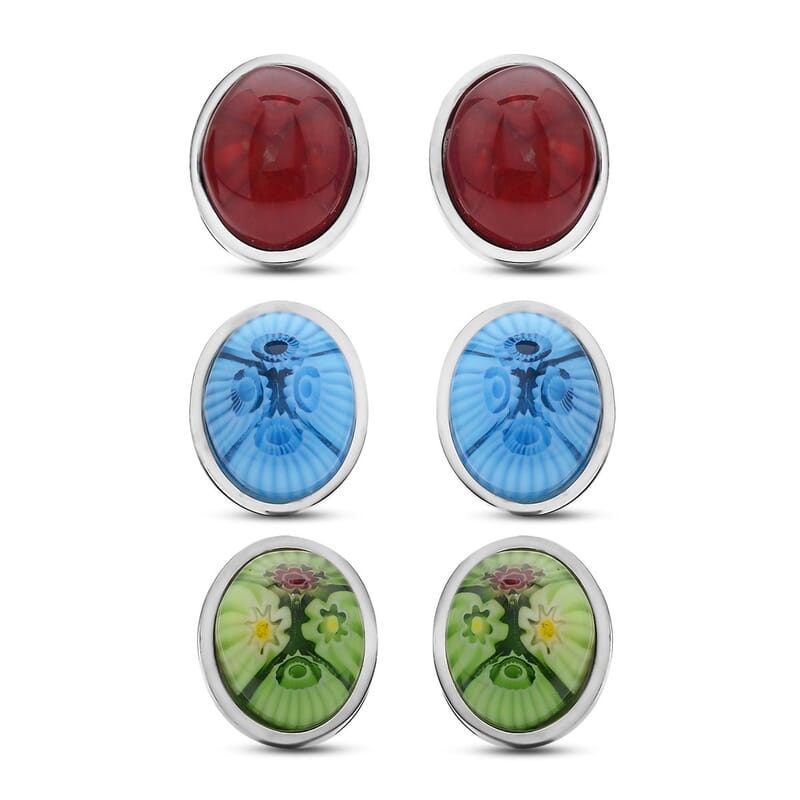 Set of 3 Blue, Green, Red Murano Style Earrings in Stainless Steel