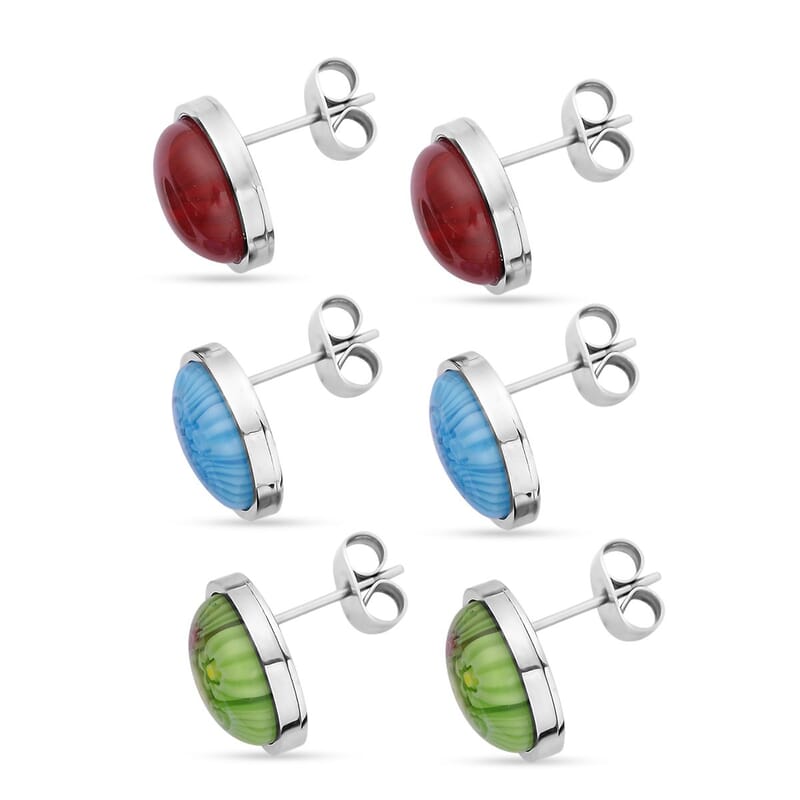 Set of 3 Blue, Green, Red Murano Style Earrings in Stainless Steel