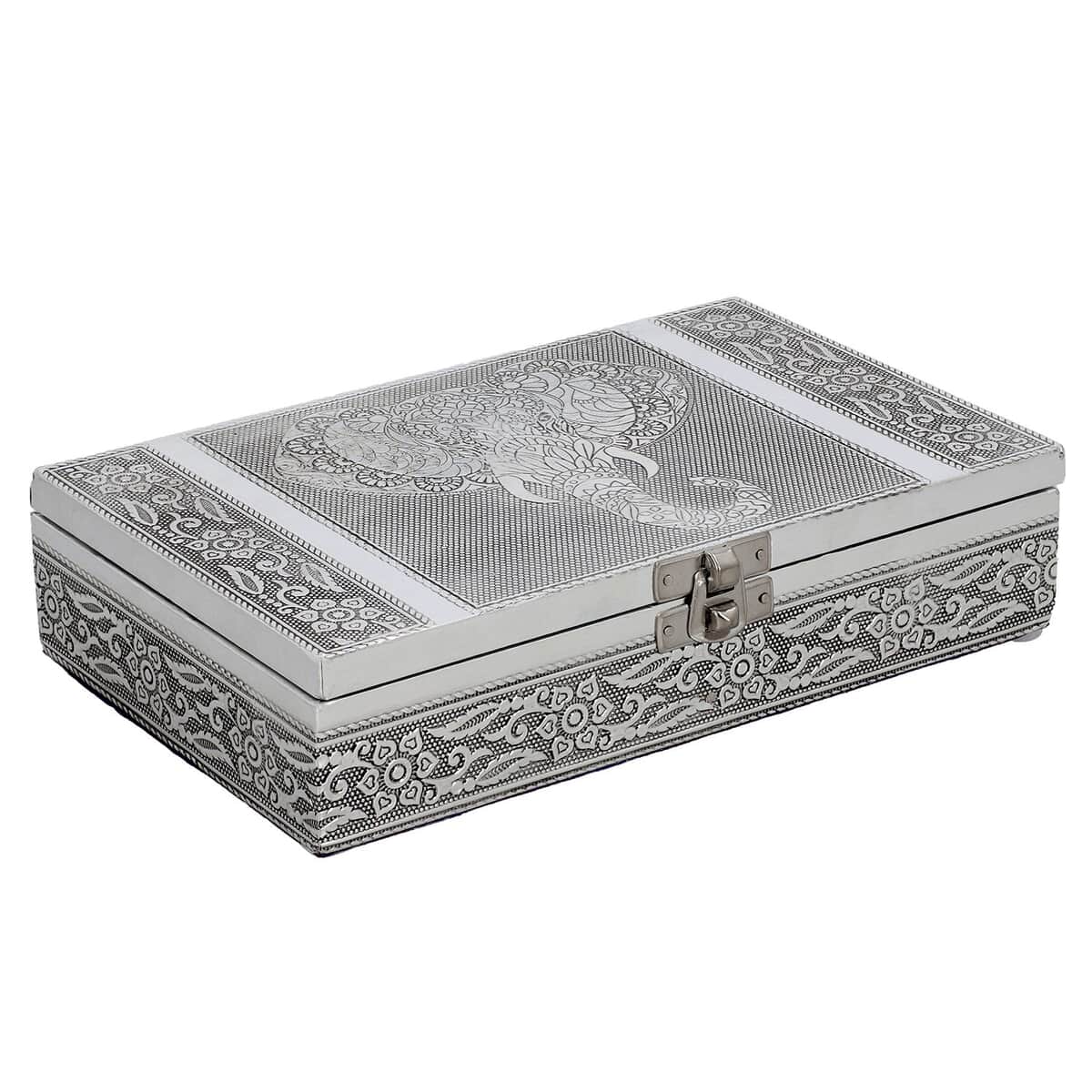 Aluminum Oxidized, Handmade, Elephant Patterned Story Jewelry Box With Anti Scratch Protection Interior image number 0