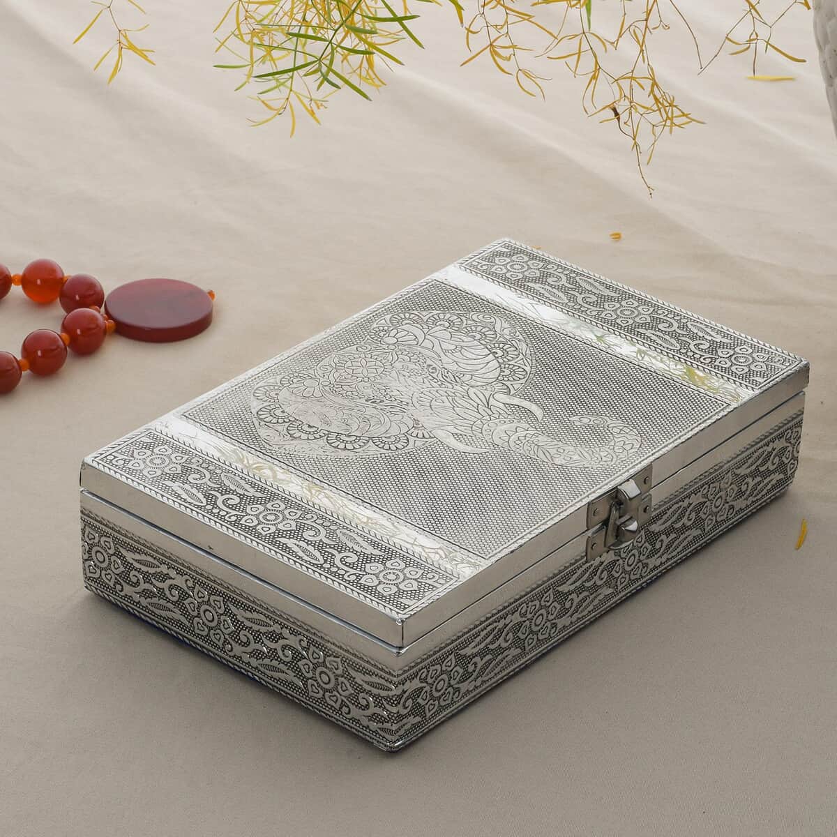 Aluminum Oxidized, Handmade, Elephant Patterned Story Jewelry Box With Anti Scratch Protection Interior image number 1
