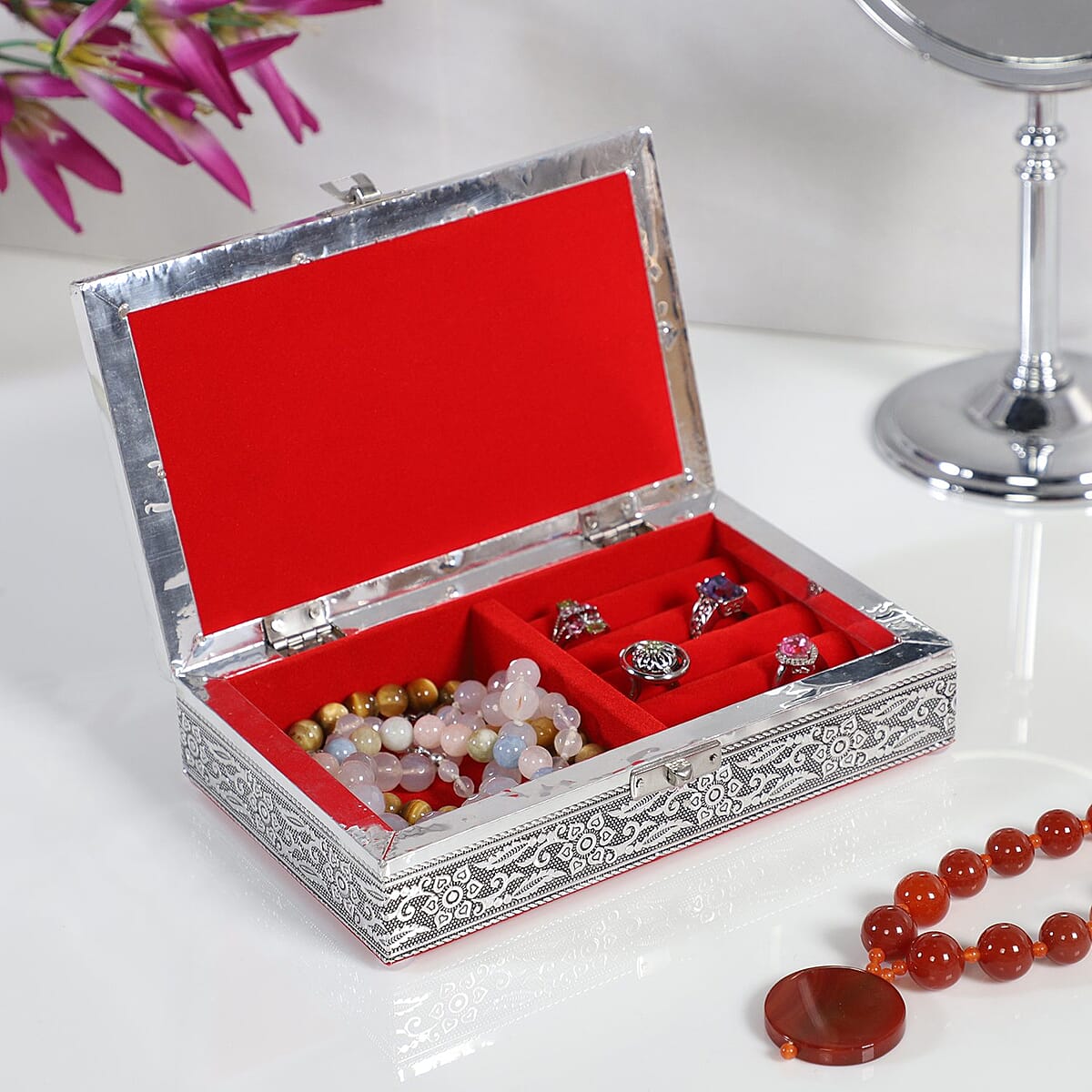 Aluminum Oxidized, Handmade, Dragonfly Patterned Story Jewelry Box With Anti Scratch Protection Interior image number 1