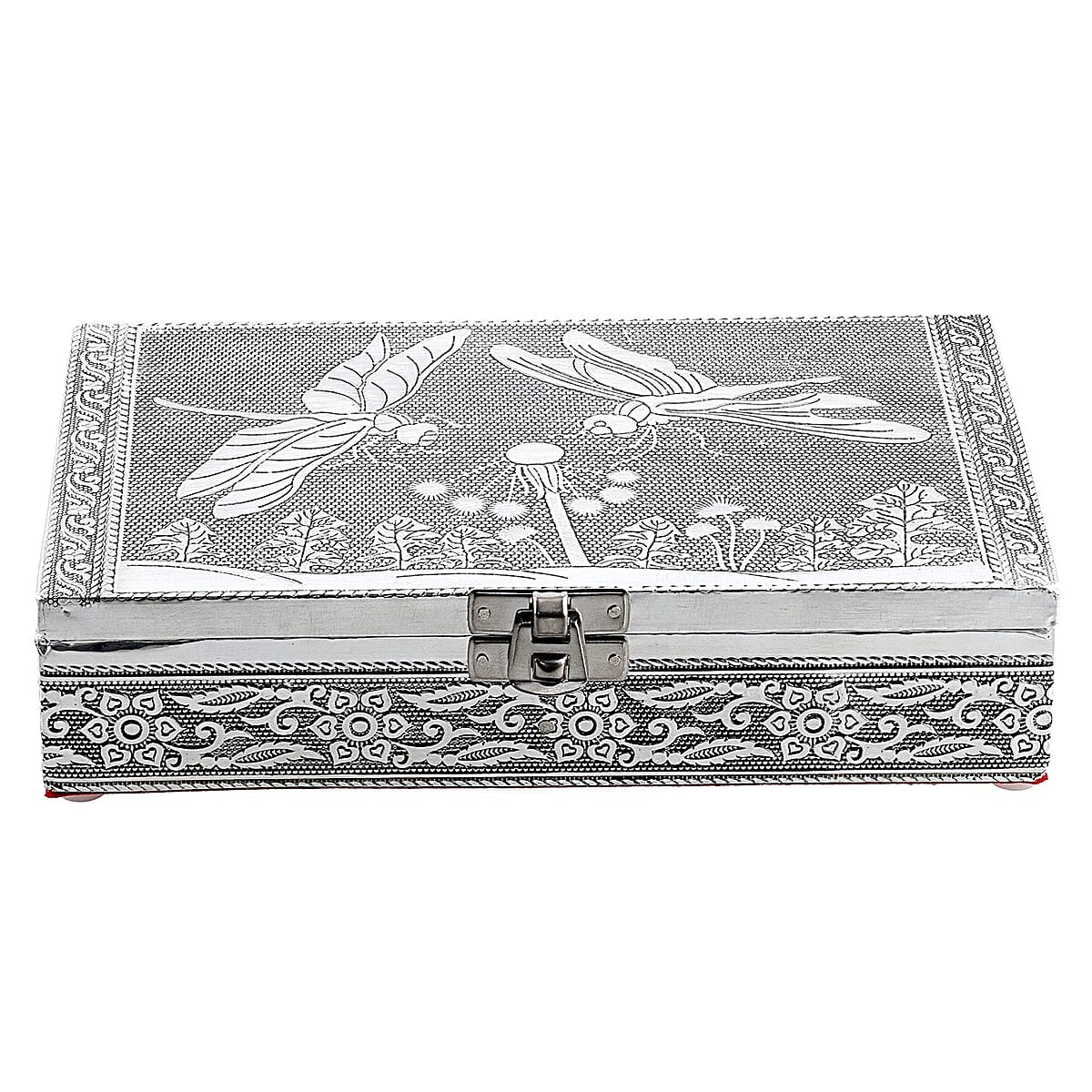 Aluminum Oxidized, Handmade, Dragonfly Patterned Story Jewelry Box With Anti Scratch Protection Interior image number 2