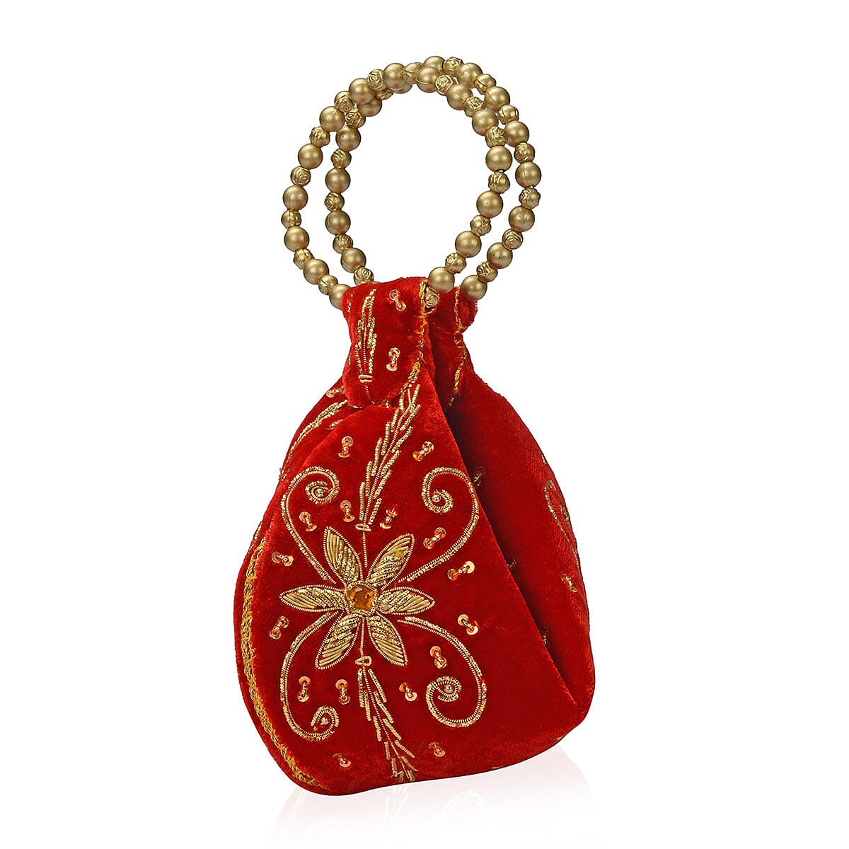 Red Velvet Embroidered Daffodil Flower Potli Fortune Cookie Bag image number 1