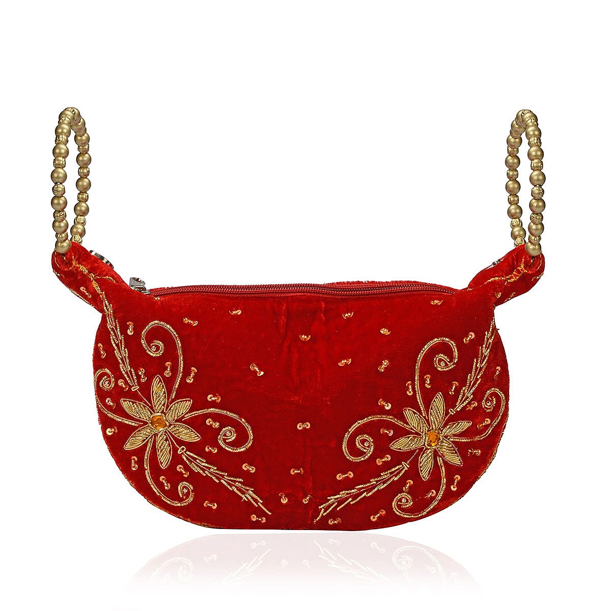 Red Velvet Embroidered Daffodil Flower Potli Fortune Cookie Bag image number 2