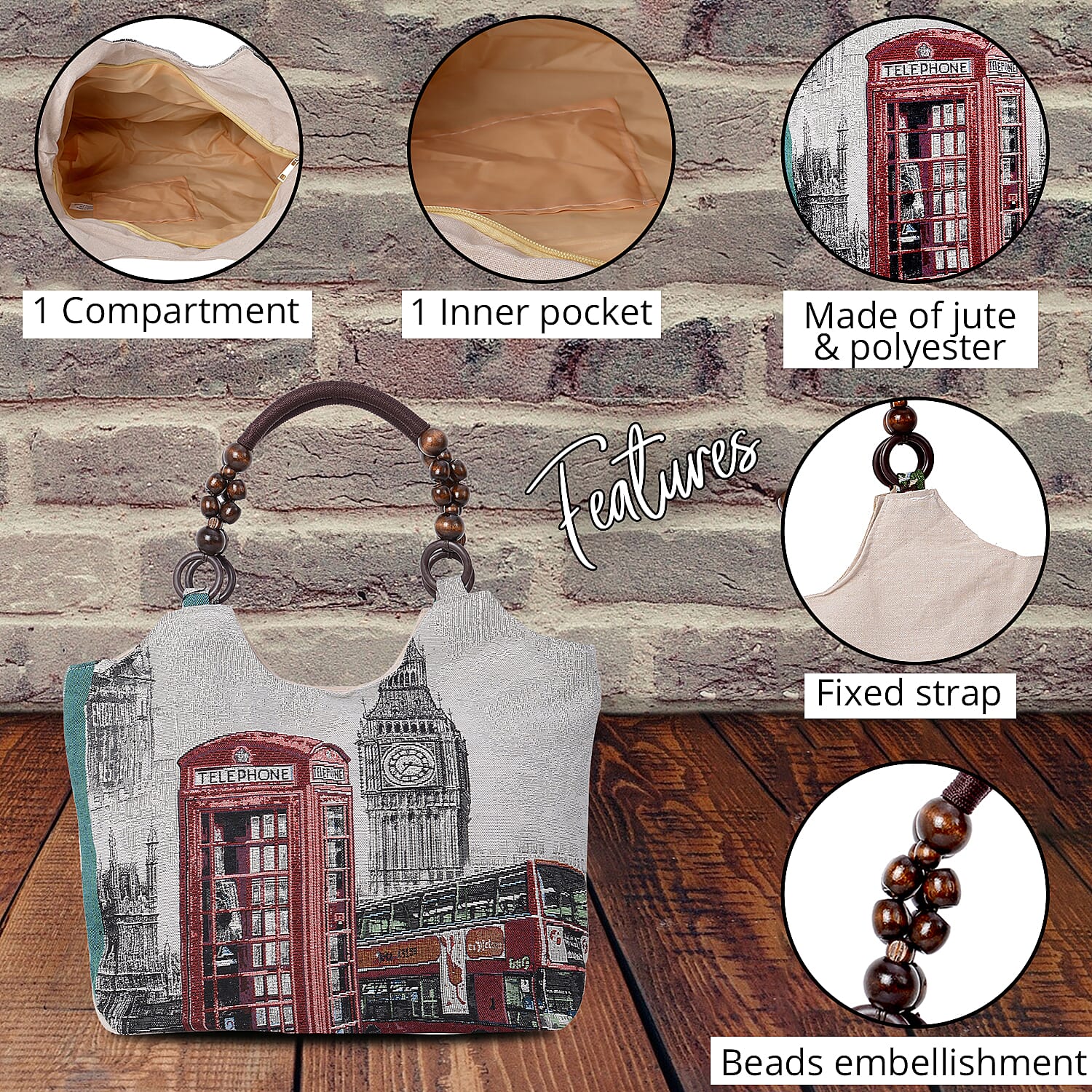 Gray, London Theme Pattern Jute Hobo Tote Bag