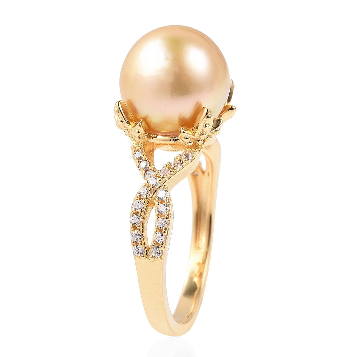 South Sea Pearl and White Zircon Ring in Vermeil YG Over Sterling Silver (Size 10.0) 0.45 ctw image number 2