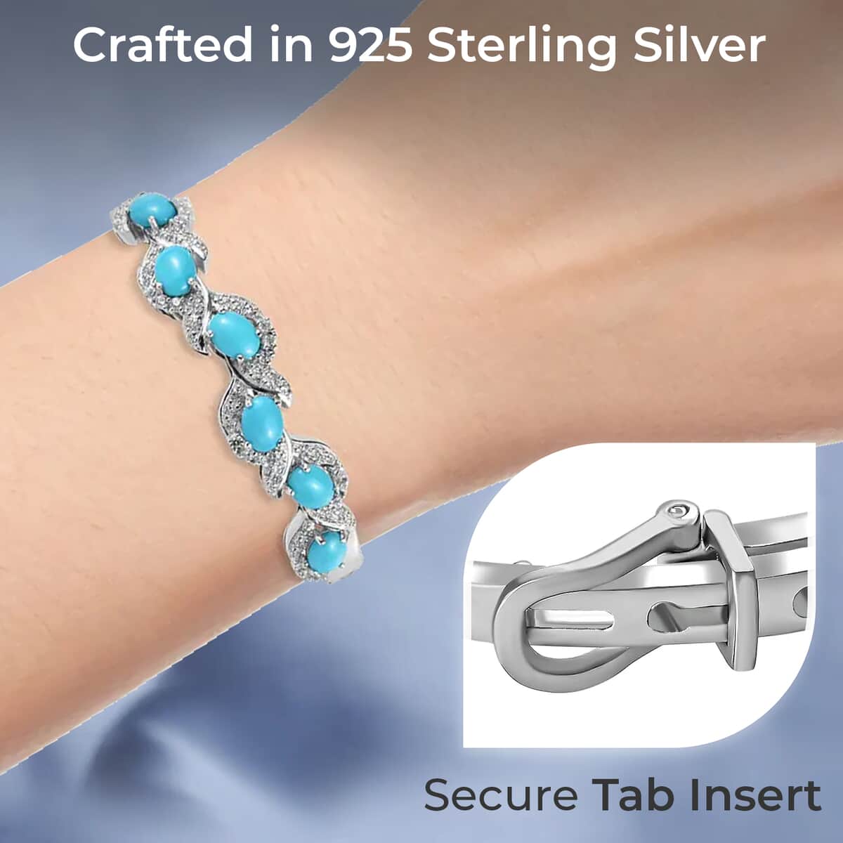 American Natural Sleeping Beauty Turquoise and Cambodian Zircon Buckle Bangle Bracelet (7.25 in) in Sterling Silver 32.60 Grams 7.10 ctw image number 2