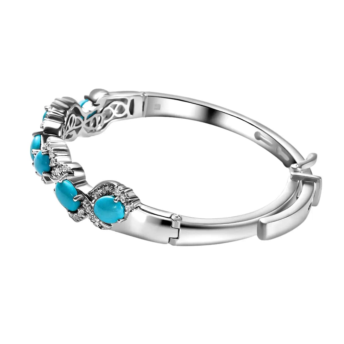 American Natural Sleeping Beauty Turquoise and Cambodian Zircon Buckle Bangle Bracelet (7.25 in) in Sterling Silver 32.60 Grams 7.10 ctw image number 4