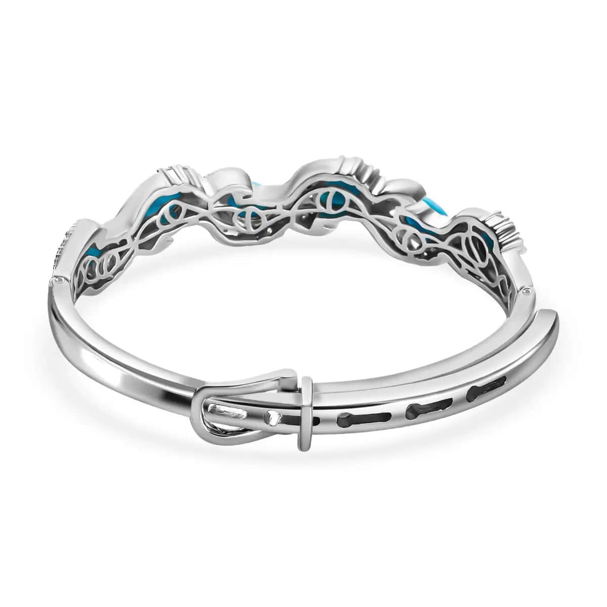 American Natural Sleeping Beauty Turquoise and Cambodian Zircon Buckle Bangle Bracelet (7.25 in) in Sterling Silver 32.60 Grams 7.10 ctw image number 5