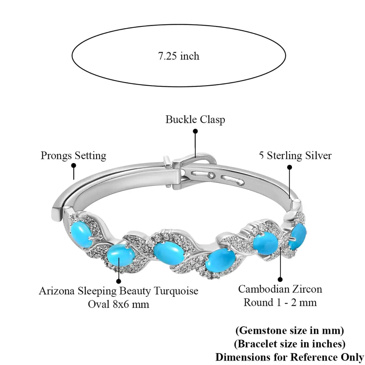 American Natural Sleeping Beauty Turquoise and Cambodian Zircon Buckle Bangle Bracelet (7.25 in) in Sterling Silver 32.60 Grams 7.10 ctw image number 6
