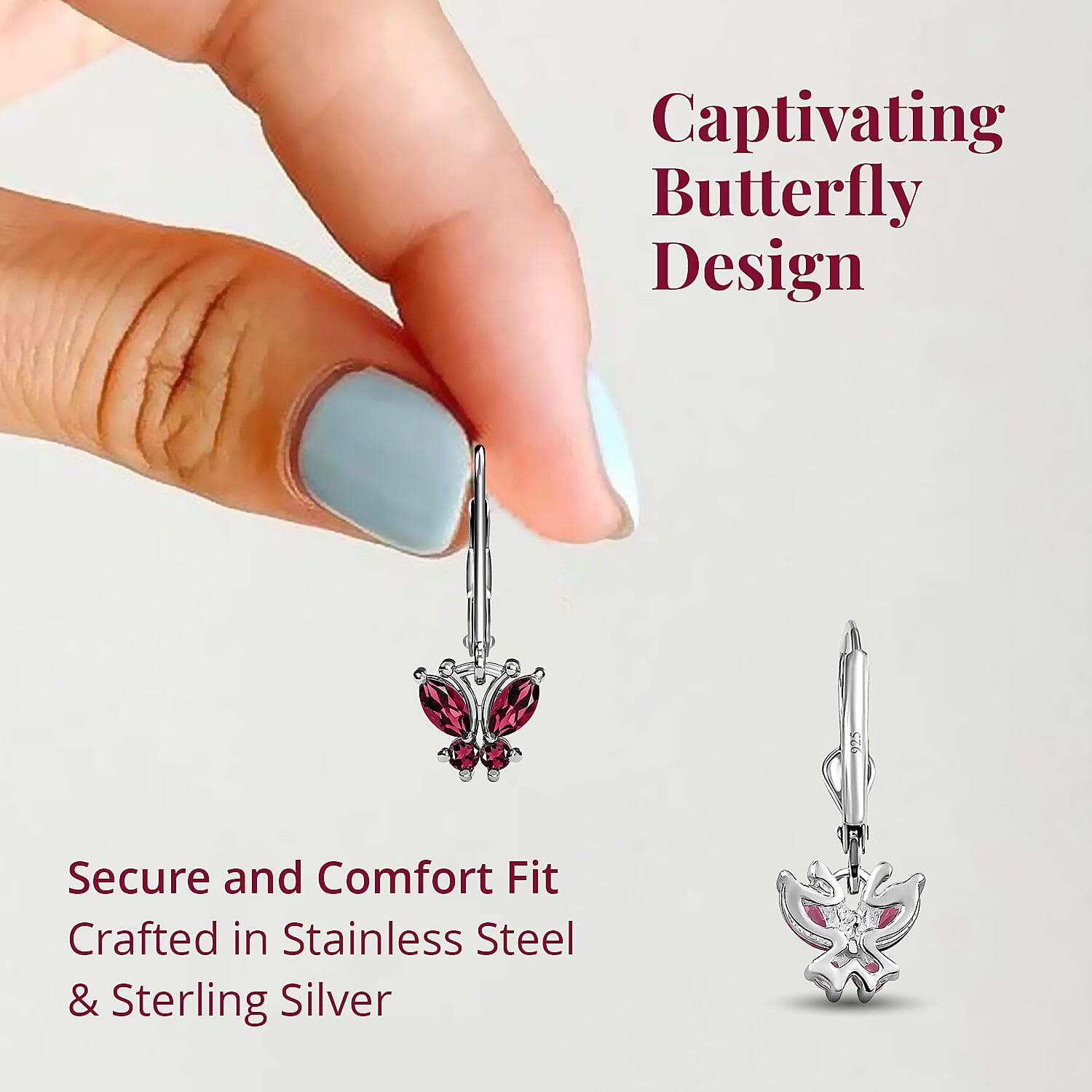 D'Joy Orissa Rhodolite Garnet 1.00 ctw Earrings, Butterfly Earrings, Stainless Steel & Sterling Silver Earrings, Garnet Butterfly Earrings
