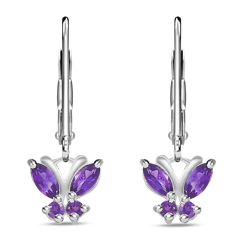 D'Joy Amethyst 0.75 ctw Dangle Drop Earrings in Stainless Steel Sterling Silver, Amethyst Butterfly Earrings, Unique Birthday Gifts For Women, Lever Back Earrings