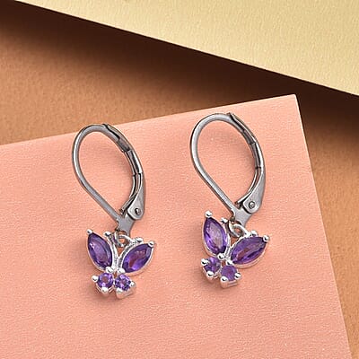 D'Joy Amethyst 0.75 ctw Dangle Drop Earrings in Stainless Steel Sterling Silver, Amethyst Butterfly Earrings, Unique Birthday Gifts For Women, Lever Back Earrings