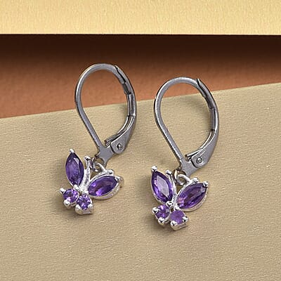 D'Joy Amethyst 0.75 ctw Dangle Drop Earrings in Stainless Steel Sterling Silver, Amethyst Butterfly Earrings, Unique Birthday Gifts For Women, Lever Back Earrings