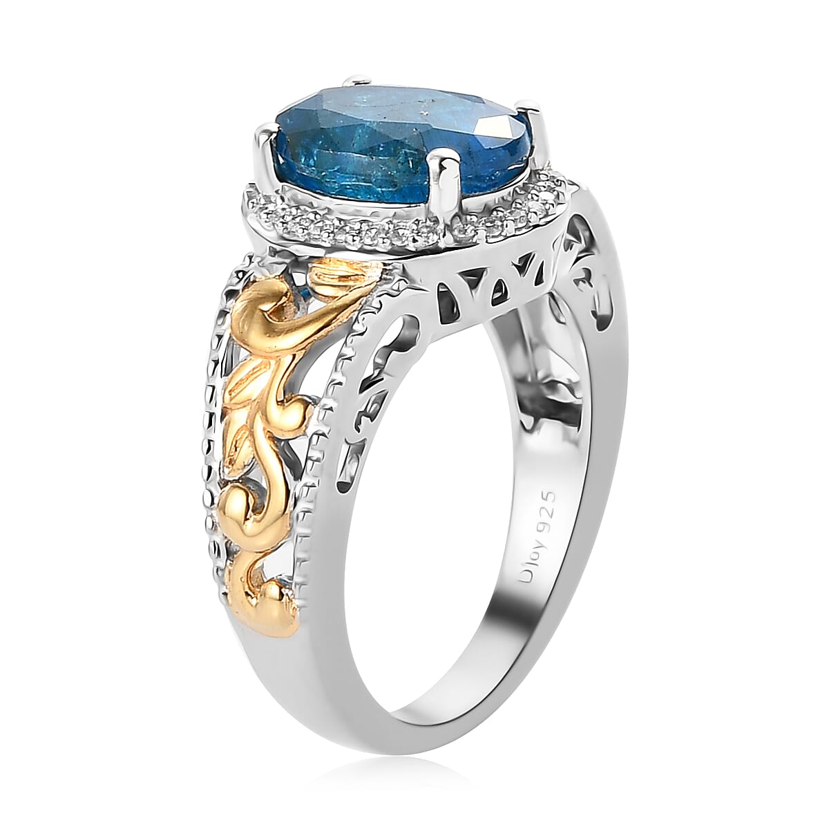Malgache Neon Apatite and Natural White Zircon Ring in Vermeil Yellow Gold and Platinum Over Sterling Silver (Size 10.0) 2.75 ctw image number 3