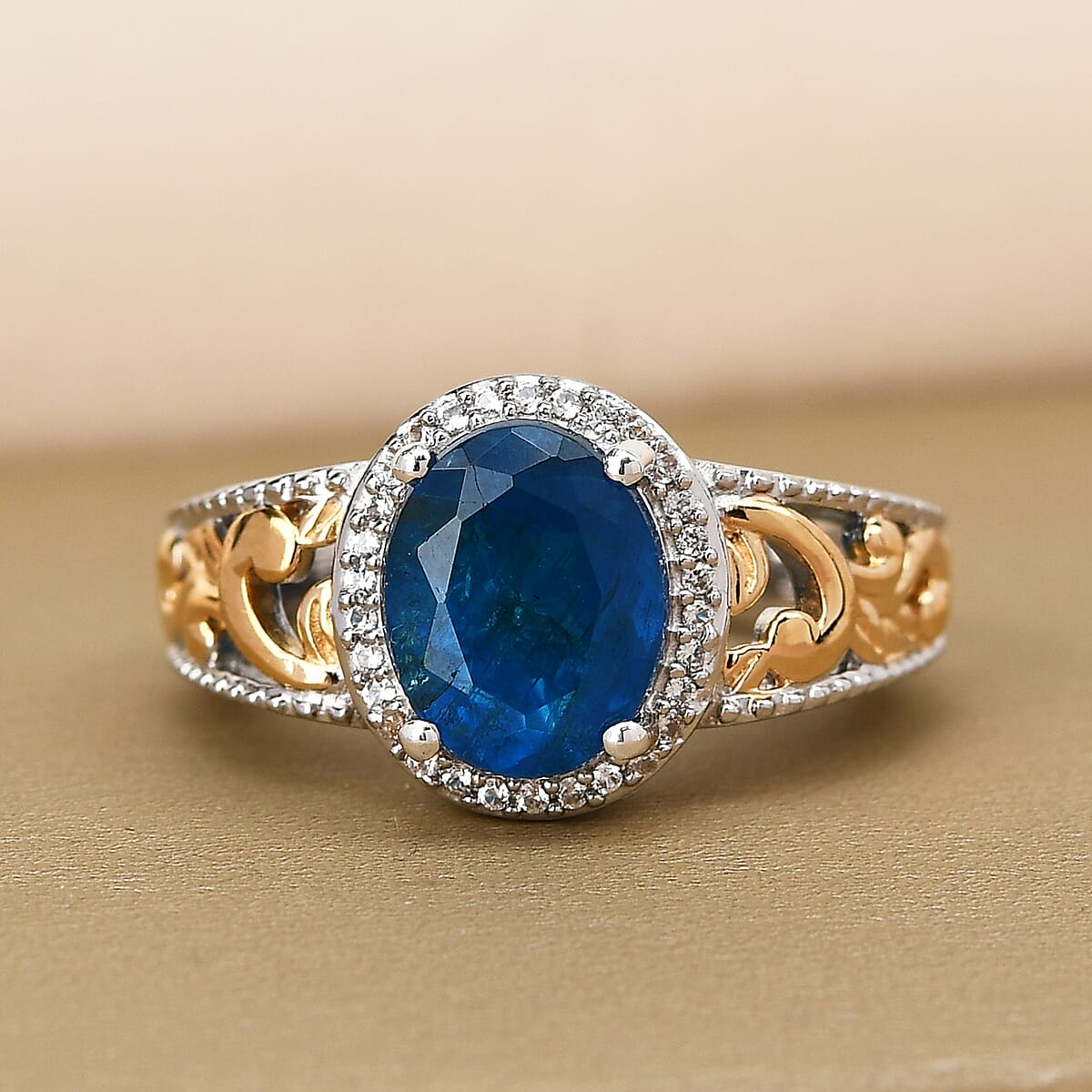 Malgache Neon Apatite and Natural White Zircon Ring in Vermeil Yellow Gold and Platinum Over Sterling Silver (Size 7.0) 2.75 ctw image number 1