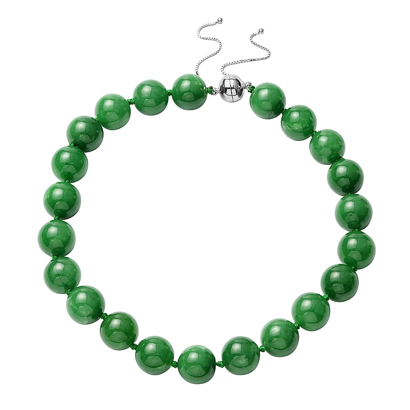 Green Jade 15-17mm Beads Adjustable Necklace 18-24 Inches in Sterling Silver with Magnetic Clasp 1006.80 ctw