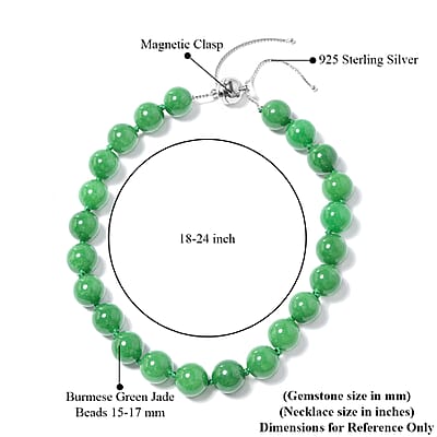 Green Jade 15-17mm Beads Adjustable Necklace 18-24 Inches in Sterling Silver with Magnetic Clasp 1006.80 ctw
