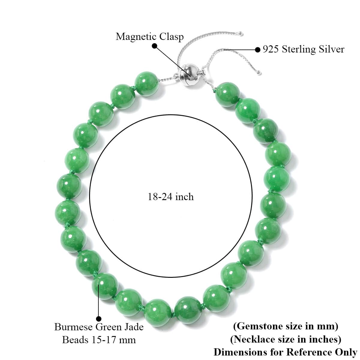 Green Jade 15-17mm Beads Adjustable Necklace 18-24 Inches in Sterling Silver with Magnetic Clasp 1006.80 ctw image number 4