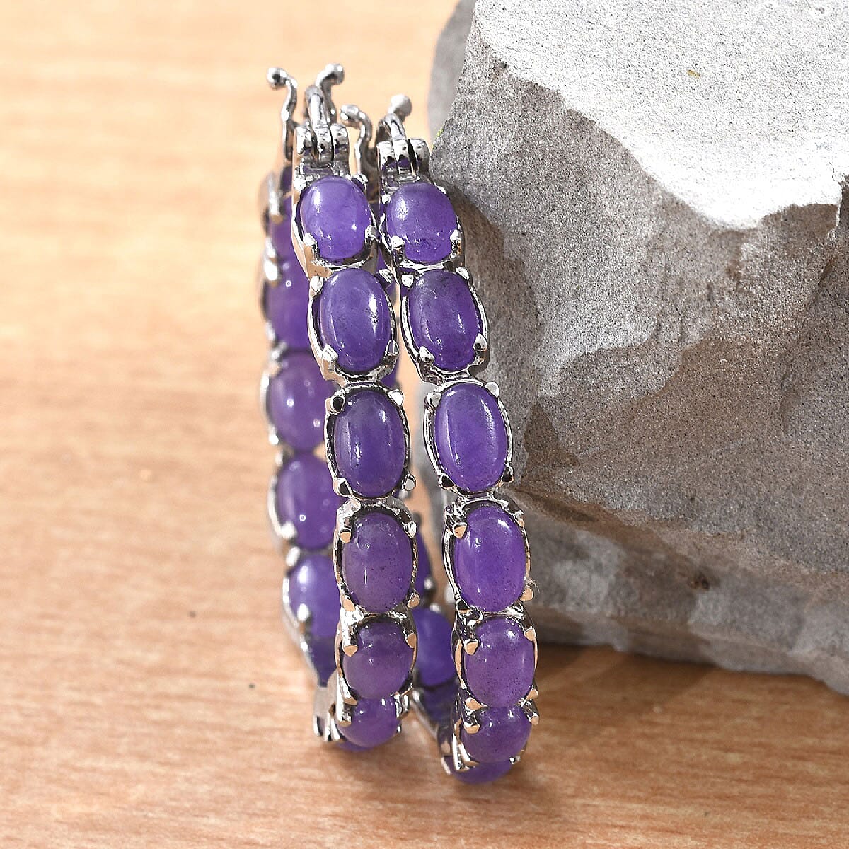 Purple Jade (D) Inside Out Hoop Earrings in Stainless Steel 15.30 ctw