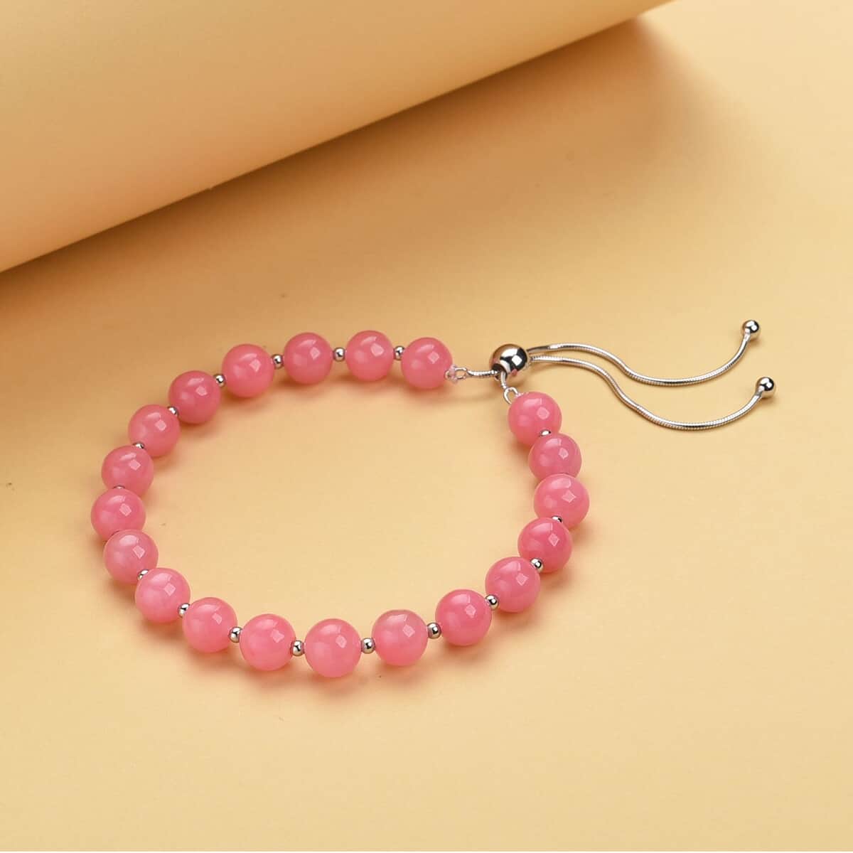 Pink Jade (D) Bead Bracelet| Silver Bolo Bracelet| Anniversary Gifts For Her 70.00 ctw image number 1