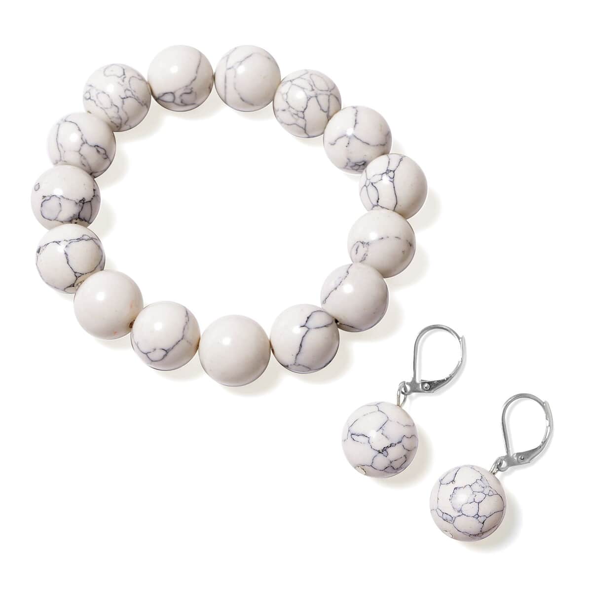 White Howlite Lever Back Earrings and Beaded Stretch Bracelet in Stainless Steel 266.50 ctw image number 0