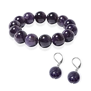 Amethyst Lever Back Earrings and Beaded Stretch Bracelet in Stainless Steel 323.50 ctw