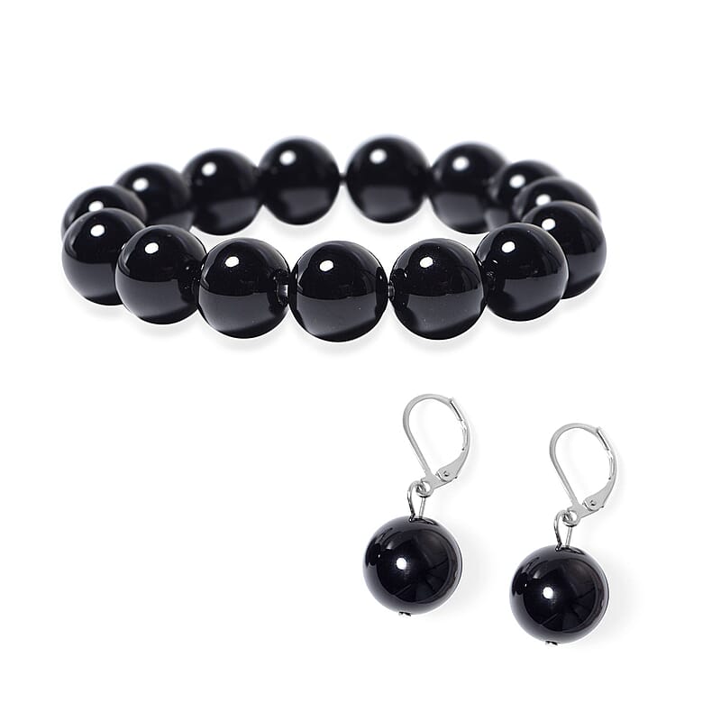Enhanced Black Agate Lever Back Earrings and Beaded Stretch Bracelet in Stainless Steel 296.00 ctw