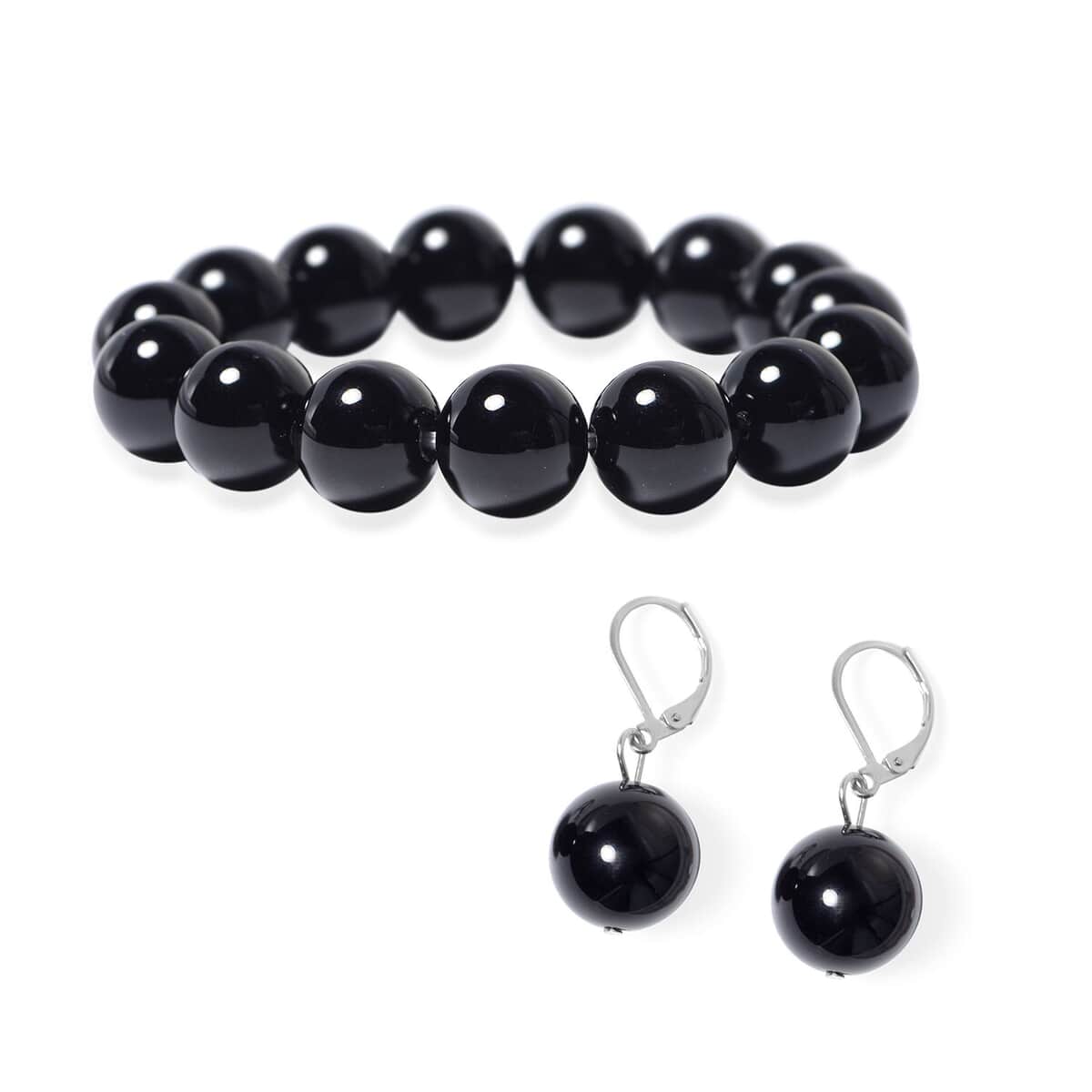Enhanced Black Agate Lever Back Earrings and Beaded Stretch Bracelet in Stainless Steel 296.00 ctw image number 0