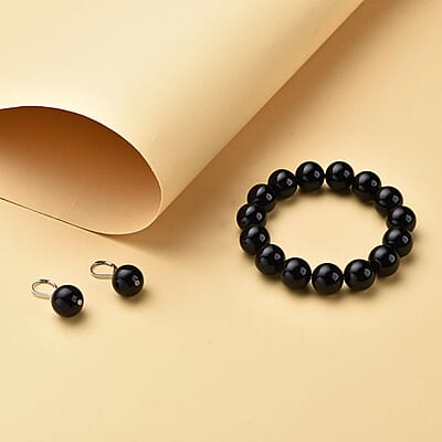 Enhanced Black Agate Lever Back Earrings and Beaded Stretch Bracelet in Stainless Steel 296.00 ctw
