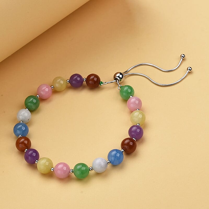 Multi Color Jade (D) Beaded Bolo Bracelet in Sterling Silver 70.00 ctw