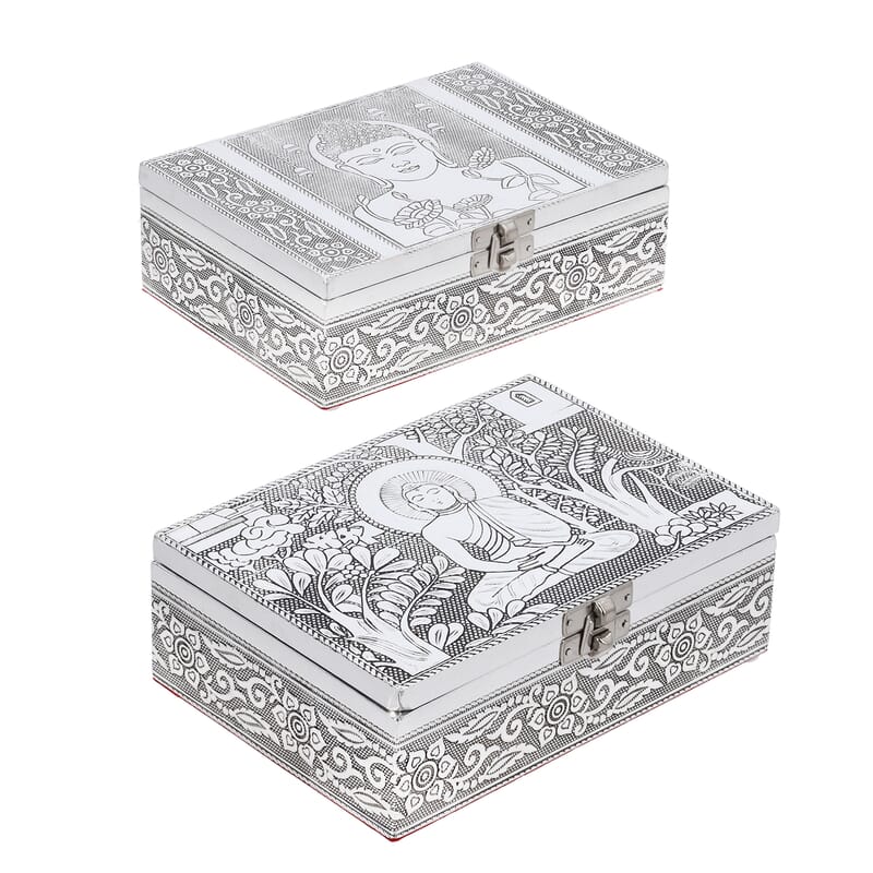 Set of 2 Aluminum Oxidized Buddha Embossed Jewelry Storage Box