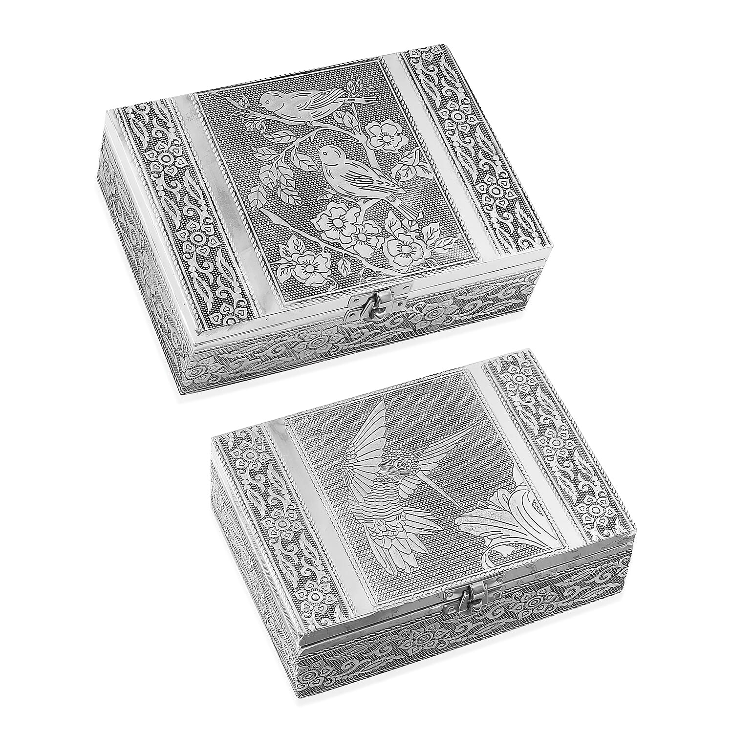 Set of 2 Aluminium Oxidized Woodpecker and Singing Bird Embossed Jewelry Storage Box