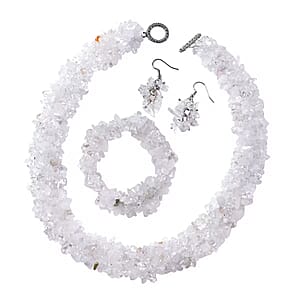 Set of Clear Quartz 920.00 ctw Chips Stretch Bracelet, Earrings and Necklace in Black Oxidized Stainless Steel 18.00 Inches