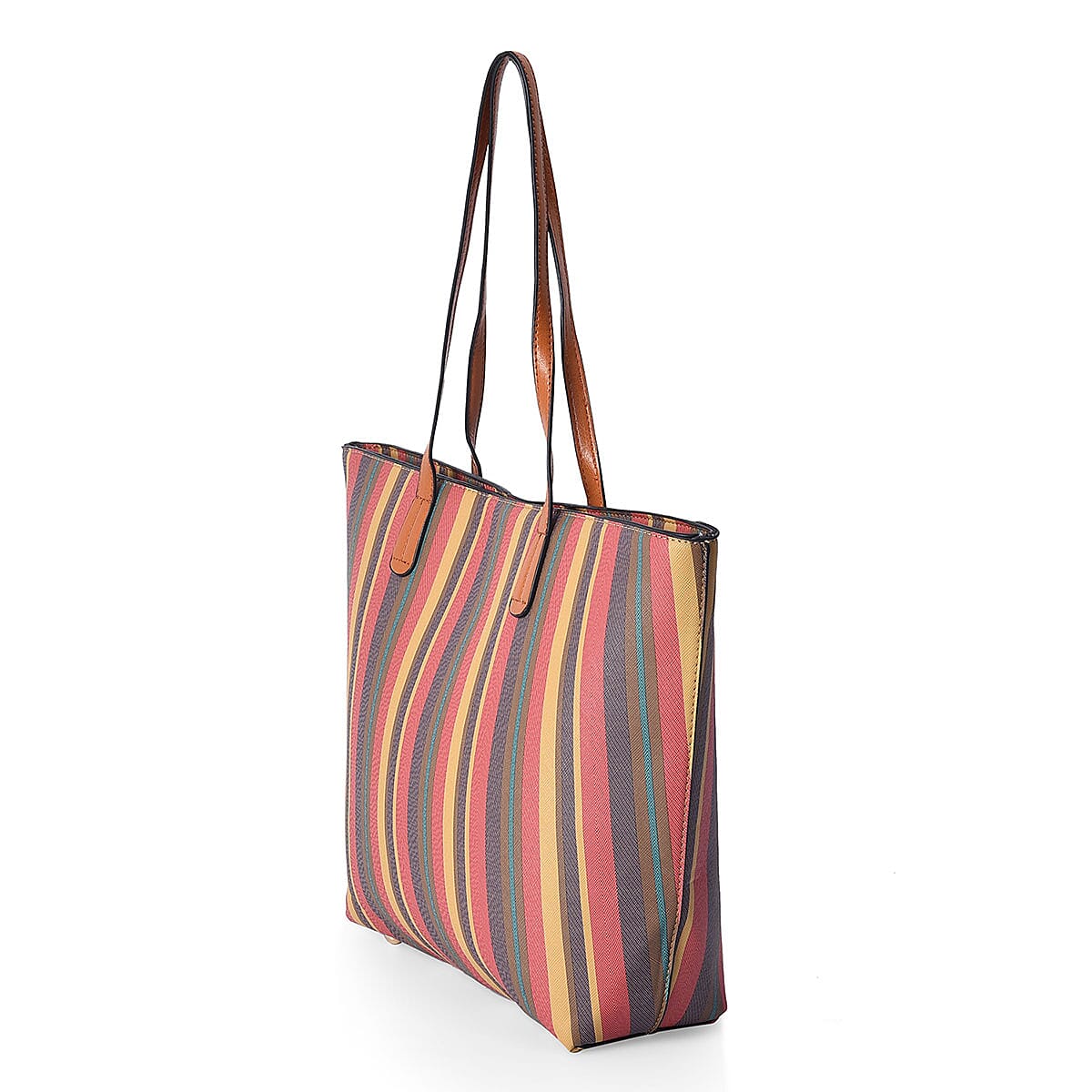 Red, Multi Color Stripe Pattern Faux Leather Tote Bag (18x12x4 in) image number 1