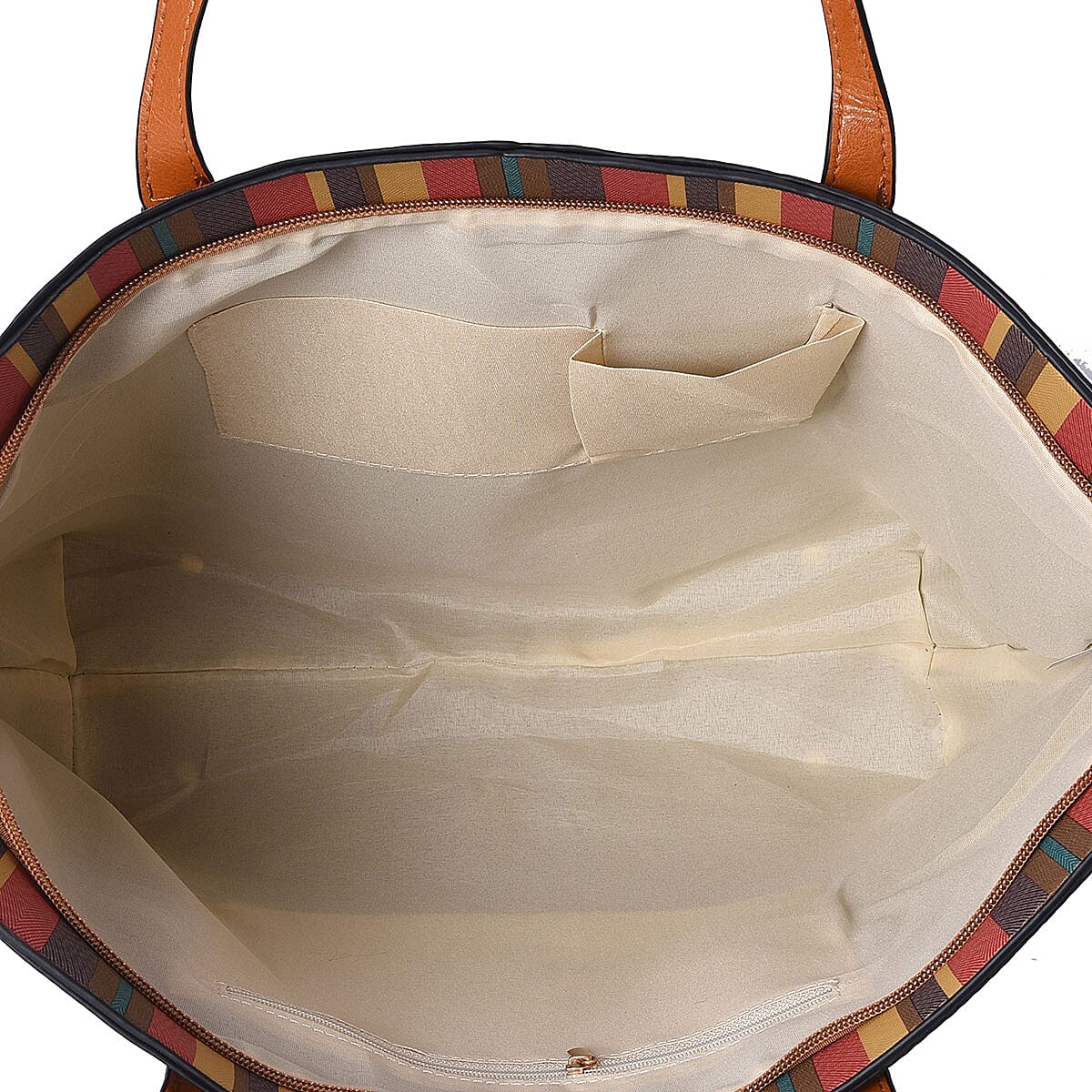 Red, Multi Color Stripe Pattern Faux Leather Tote Bag (18x12x4 in) image number 2