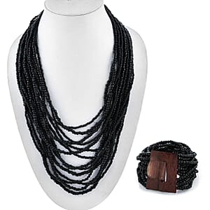Black Seed Beaded Multi-Strand Necklace 20 Inches and Stretch Bracelet with Wooden Buckle