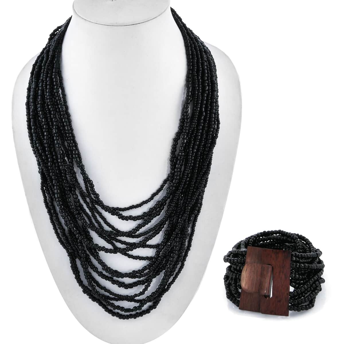 Black Seed Beaded Multi-Strand Necklace 20 Inches and Stretch Bracelet with Wooden Buckle image number 1