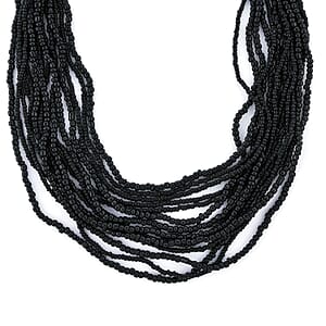 Black Seed Beaded Multi-Strand Necklace 20 Inches and Stretch Bracelet with Wooden Buckle
