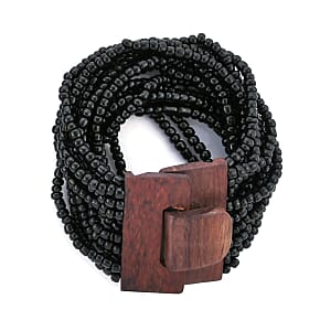 Black Seed Beaded Multi-Strand Necklace 20 Inches and Stretch Bracelet with Wooden Buckle