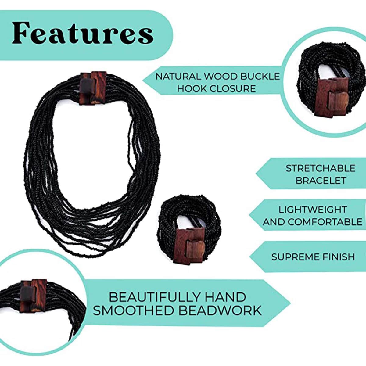 Black Seed Beaded Multi-Strand Necklace 20 Inches and Stretch Bracelet with Wooden Buckle image number 5